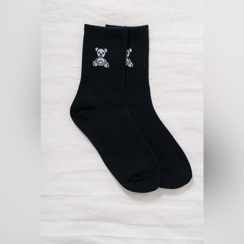 NWT Zenana White & Black Teddy Bear Crew Socks Minimal Cozy Aesthetic One Size